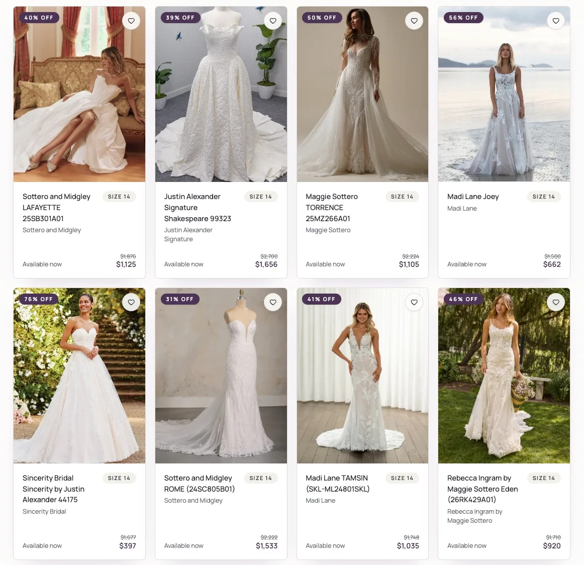 A selection of sample wedding dresses available through Dearly Beloved Bridal
